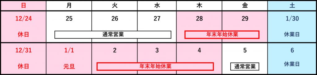 令和6年（2024年）年末年始休業のお知らせ